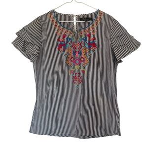 Caleoas Embroidered Boho Stripe Short Sleeve Blouse Size Small
